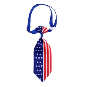 Detail of American flag pet necktie with adjustable buckle and striped ribbon texture