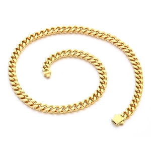 Polished gold stainless steel Cuban chain necklace with secure square clasp on white background