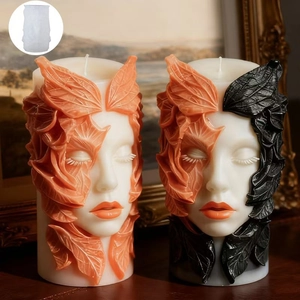 Molde de silicona para vela diosa y velas terminadas con diseño de cara y hojas