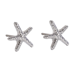 Detailed macro view of silver starfish stud earrings with realistic textured surface finish