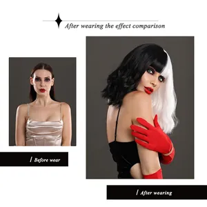 Short wavy half black and half white Cruella cosplay wig for Halloween party look