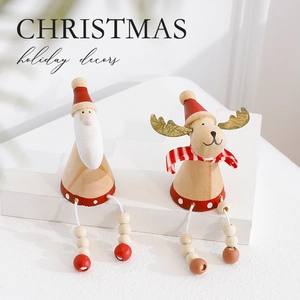 Wooden Christmas standing ornaments featuring Reindeer and Santa with long beaded legs