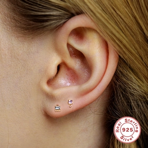 Minimalist S925 sterling silver geometric flower earrings with colorful zircon stones