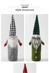 Detail of Christmas gnome wine bottle covers with plaid hats and plush faux fur beards