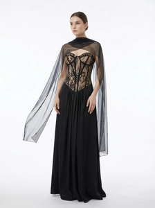 Elegant black lace evening gown with corset bodice and sheer mesh shawl accessory