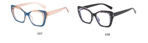 Detail view of TR90 square glasses frames in blue-orange and marble floral patterns
