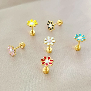 Stainless Steel Daisy Flower Stud Earrings Enamel Gold Plated Flat Back Cartilage Piercing Jewelry For Women