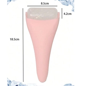 Pink ice roller facial massager dimensions showing 18.5cm height and 8.5cm width
