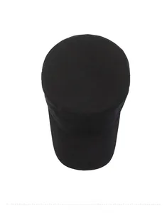Top down view of black flat top military cap showing smooth cotton fabric and curved brim