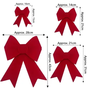 Red flocked Christmas bows in four sizes 10cm to 43cm for festive hanging decor