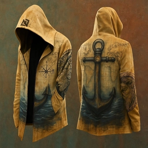 Detail of nautical print hooded sweatshirt with ocean waves and vintage map design