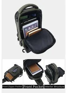 Detail view of the multi-compartment army green tactical crossbody chest bag with storage space