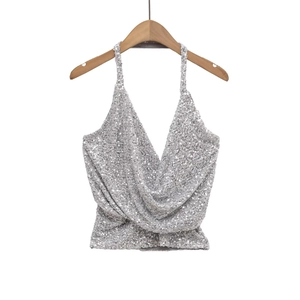 Top De Débardeur À Dos Nu Et Dos Nu À Paillettes Argentées Haut De Fête Étincelant Pour Femmes