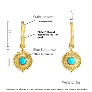 Detail of 18K gold plated steel earrings with sunburst turquoise stone pendants