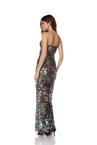 Exquisite floral embroidery and colorful sequins on a slim fit strapless evening gown