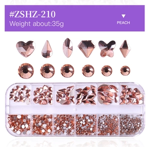 Detailed set of 12-grid peach nail art rhinestones with various mixed shapes and sizes