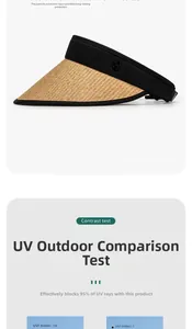 Macro detail of straw sun visor showing UV protection fabric and metal logo detail