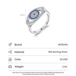 925 Sterling Silver Evil Eye ring with blue and white crystals in a minimalist design