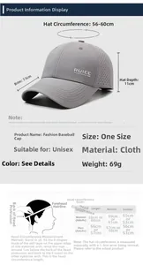 Detailed size guide for baseball cap showing dimensions, weight, and head measurements