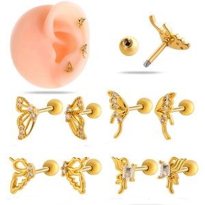 Piercing Oreille Cartilage Papillon Acier Inoxydable Zircon Cubique Boule À Vis Bijoux Femmes Style Coréen