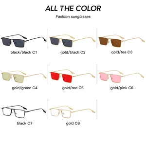 Detailed grid display of square metal frame sunglasses in various lens color options