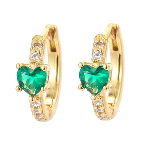 Golden hinged hoop earrings with heart-shaped green stones and micro-paved white zircons