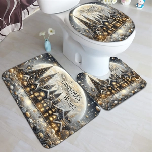 Ensemble tapis de bain 3 pièces antidérapant avec motif château de Noël en peluche