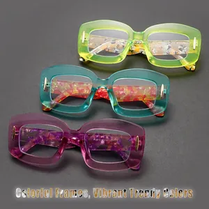 Fashionable thick frame blue light glasses in transparent green, blue and violet colors