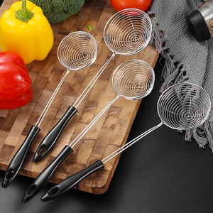 Set of four stainless steel spider strainers with ergonomic non-slip black handles
