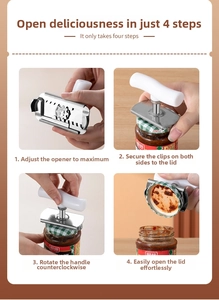 Adjustable stainless steel jar opener showing 4-step manual operation instructions