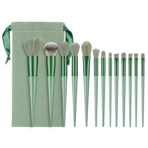 14pcs emerald green makeup brush set with soft fiber bristles and velvet drawstring pouch