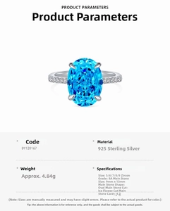 Macro detail of S925 sterling silver ring with 4ct oval ice flower cut blue zircon