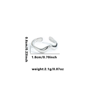 Silver geometric wavy stainless steel open ring with size and weight measurements
