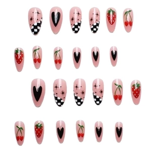Pink almond press-on nails with strawberry cherry heart and checkerboard patterns