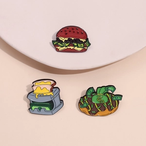 Creative enamel pins set featuring cartoon burger toaster and donut with money motifs