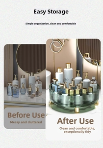 Before and after comparison of rotating green striped makeup organizer tray with gold legs