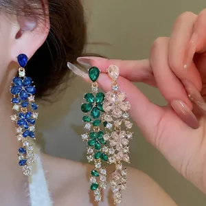 Sparkling crystal flower tassel earrings in blue, green, and pink floral designs