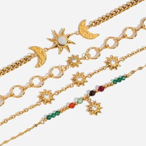 Sun Moon Pendant Bracelet 18K Gold Plated Stainless Steel With Zircon And Colorful Beads Bohemian Fashion For Women