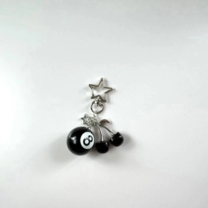 Black cherry pendant keychain with billiards number 8 ball and silver star hook