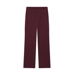 Women's burgundy high-waisted straight trousers featuring professional suit fabric tailoring