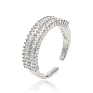 Silver adjustable open ring featuring double rows of baguette-cut clear zirconia stones