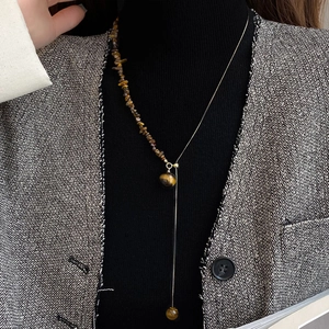 Tiger Eye Stone Beaded Y Necklace Stainless Steel Asymmetric Round Pendant Sweater Chain Vintage Jewelry For Women