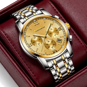 Elegant men's two-tone stainless steel watch with gold dial and calendar in gift box