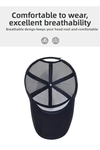 Detail view of the breathable mesh structure and interior design of a black baseball cap