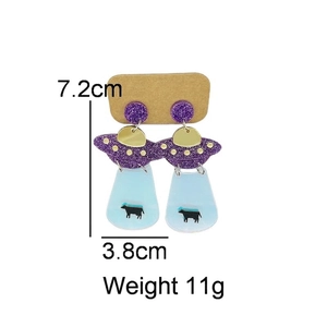 UFO alien cow abduction drop earrings in purple glitter and acrylic, 7.2cm length