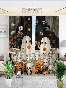 Detail of Halloween polyester curtain with ghost, skull and pumpkin patterns for home decor