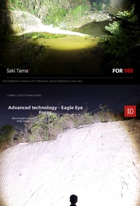 Macro shot showing Eagle Eye focus light beam of LED mini flashlight on dark lake and mountain