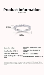Macro view of S925 silver eternity ring featuring 30 moissanite stones in 18K white gold