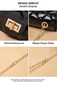 Detail view of black quilted jelly bag with gold hardware and adjustable chain strap