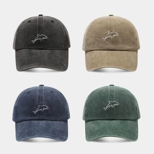 Washed Cotton Baseball Cap With Dolphin Embroidery Soft Top Vintage Dad Hat For Men Women Adjustable Outdoor Casual